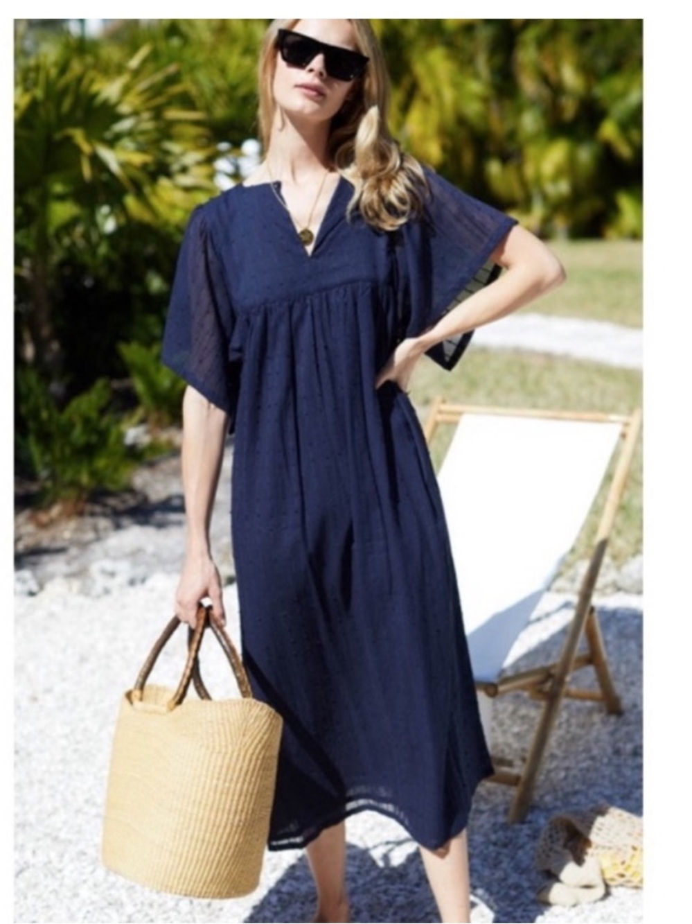 NWT Emerson Fry India Collection Organic Cotton Maxi Kaftan Dress in Navy Blue